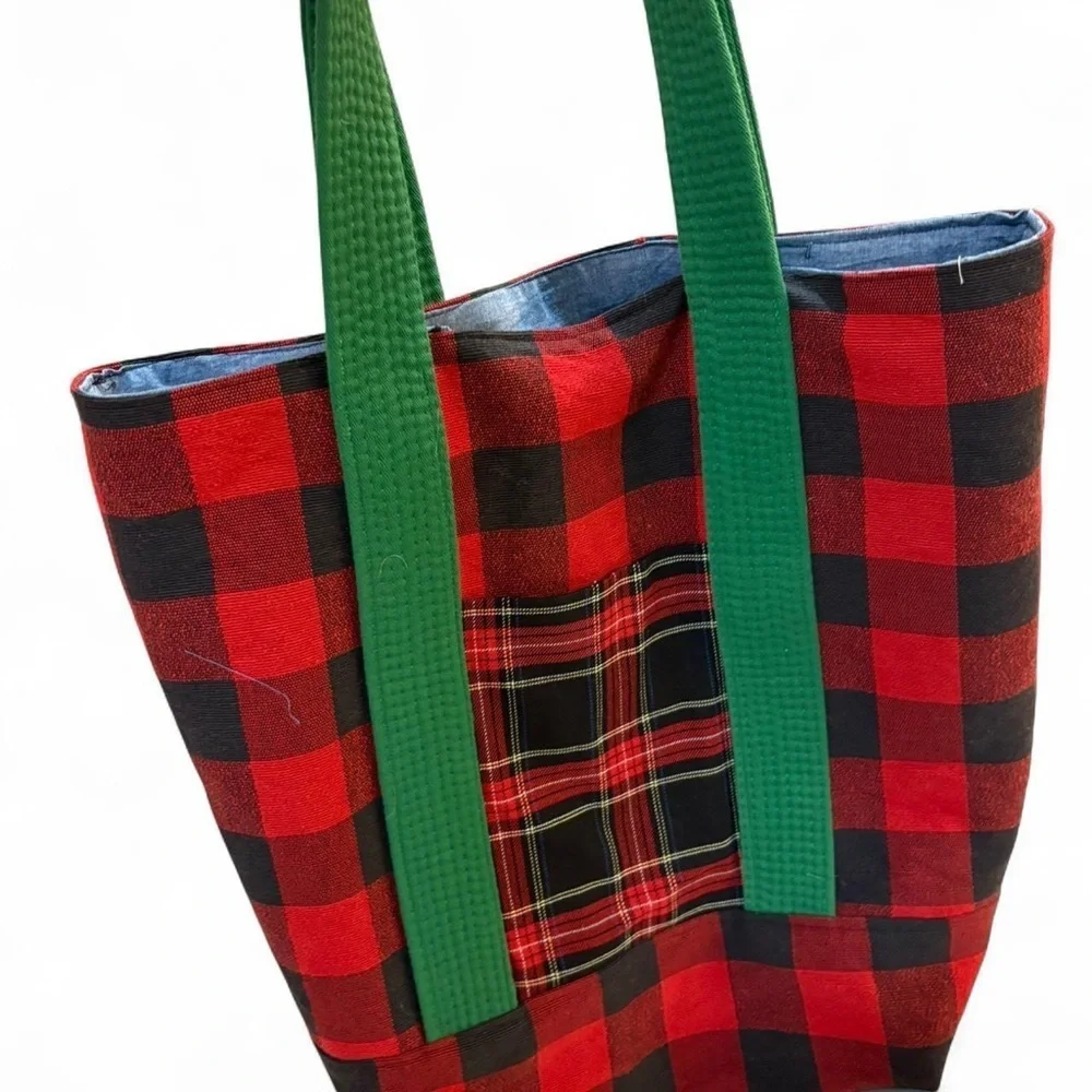 Handmade Plaid Tote Bag with Green Handles